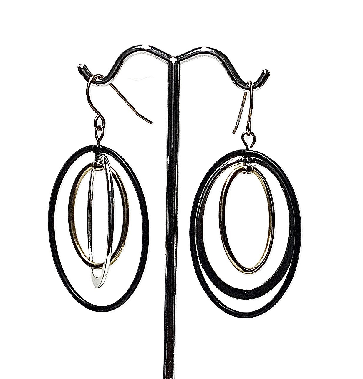 Black/Silver/Gold Tone Dangle/Drop Earrings – 2″ long – #618B