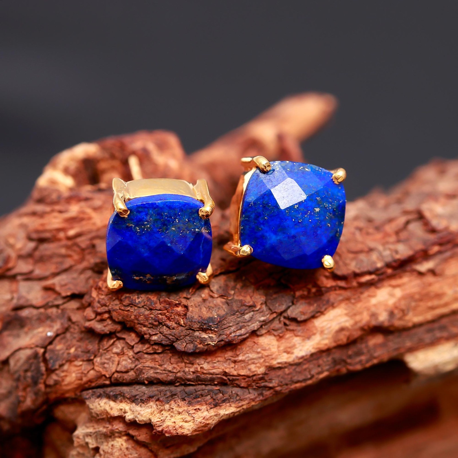 Natural Lapis Lazuli Cushion Stud Earrings Gold Fill 925 Sterling Silver Jewelry