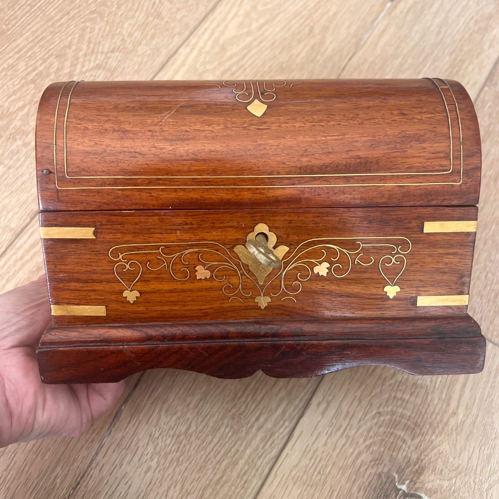 Vintage Wooden Jewelry Box Dome Top Brass Inlay Chest with Key Keepsake Box