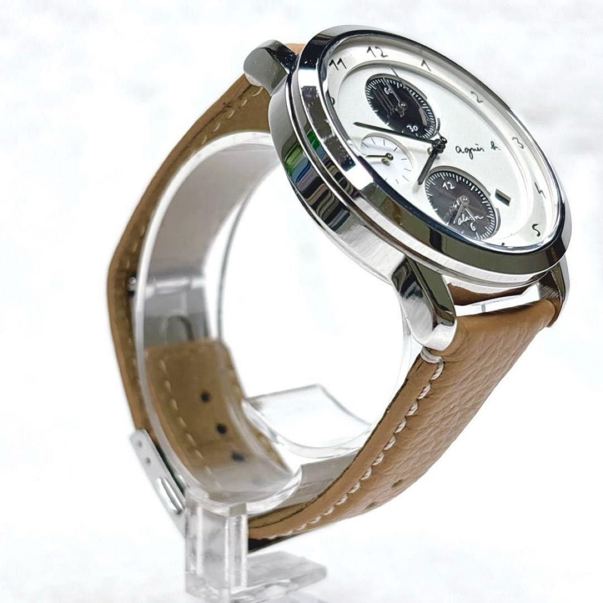 agnes b. SAM Solar Chronograph White Dial Men Leather Watch V172-0AW0