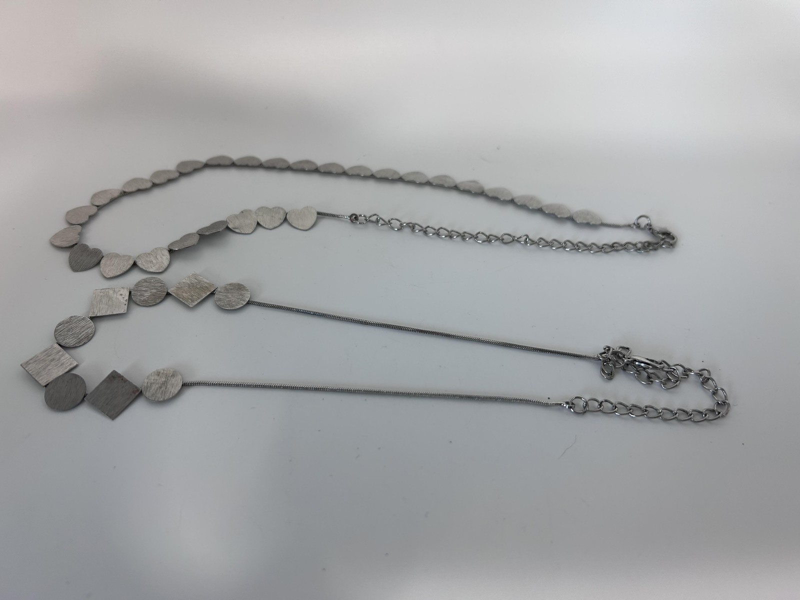 Necklace Silver Tone Layered Heart Circle Square Station Lobster Clasp 18 In