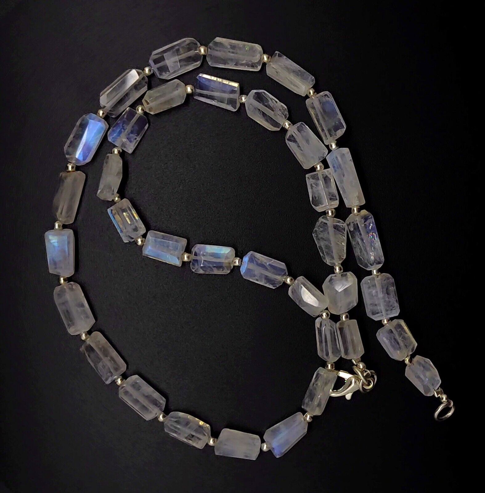 Blue Fire Rainbow Moonstone Gem 8 to 10mm Size Faceted Nugget Beads Necklace 17″