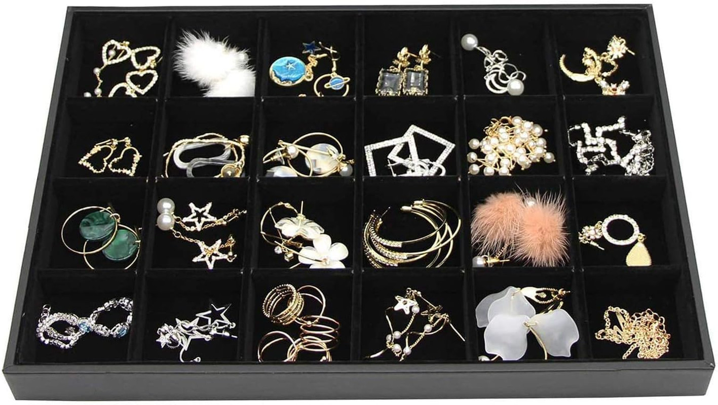 Black Velvet Stackable 24 Grid Jewelry Tray Showcase Display Organizer Holder Di