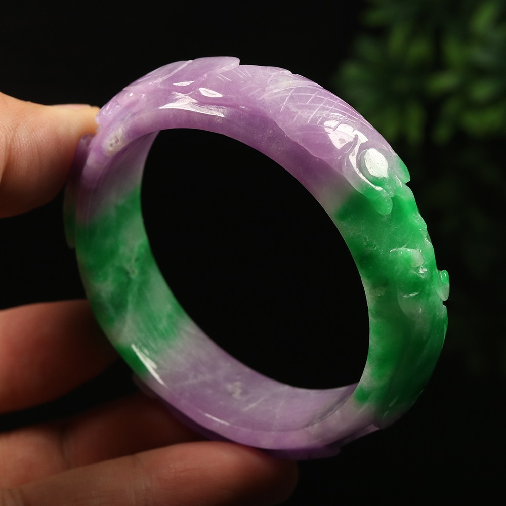 55mm Lavender Purple Green Jadeite Jade Bangle Bracelet Ruyi Fish Lotus A-14535