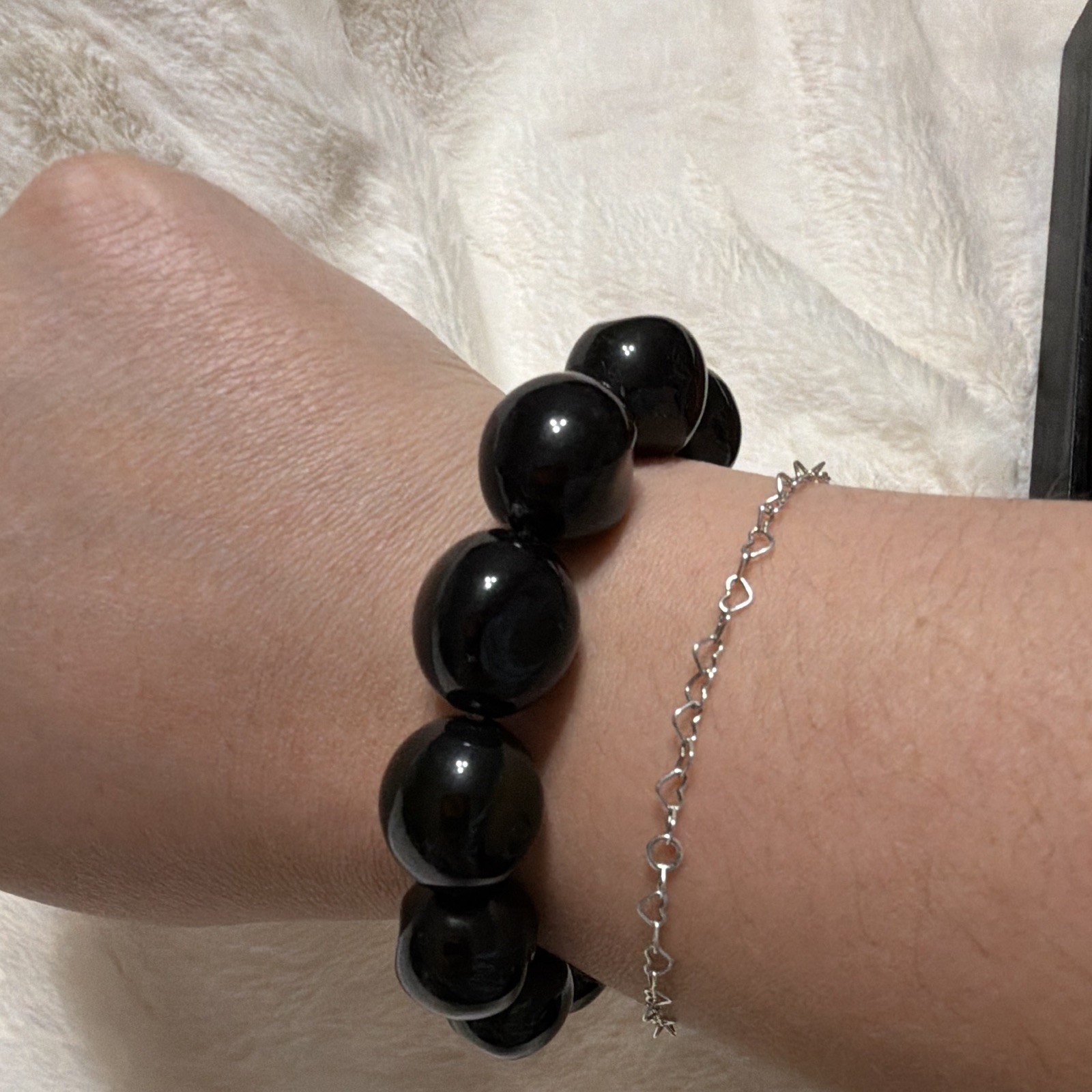 Black Round Beaded Stretch Bracelet, No Clasp, Sizable, Beaded Bracelet