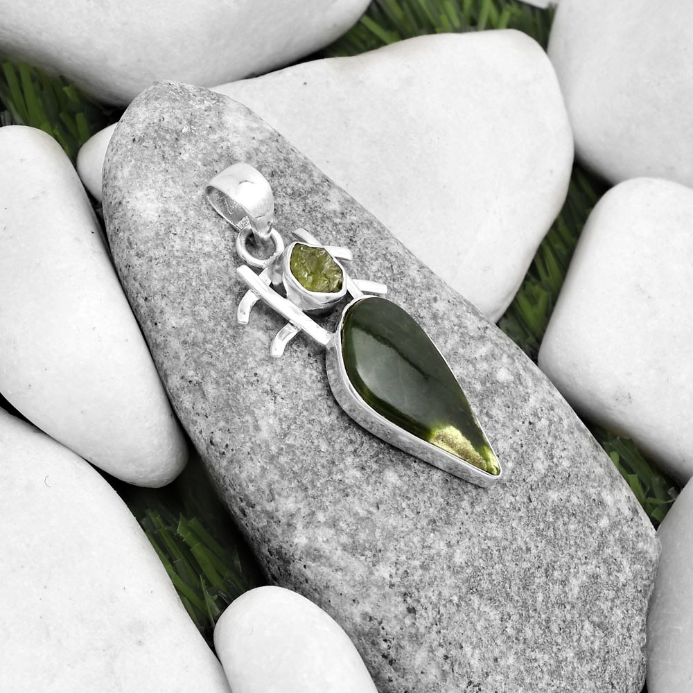 Chrome Chalcedony & Peridot Rough 925 Sterling Silver Pendant Jewelry P-1046