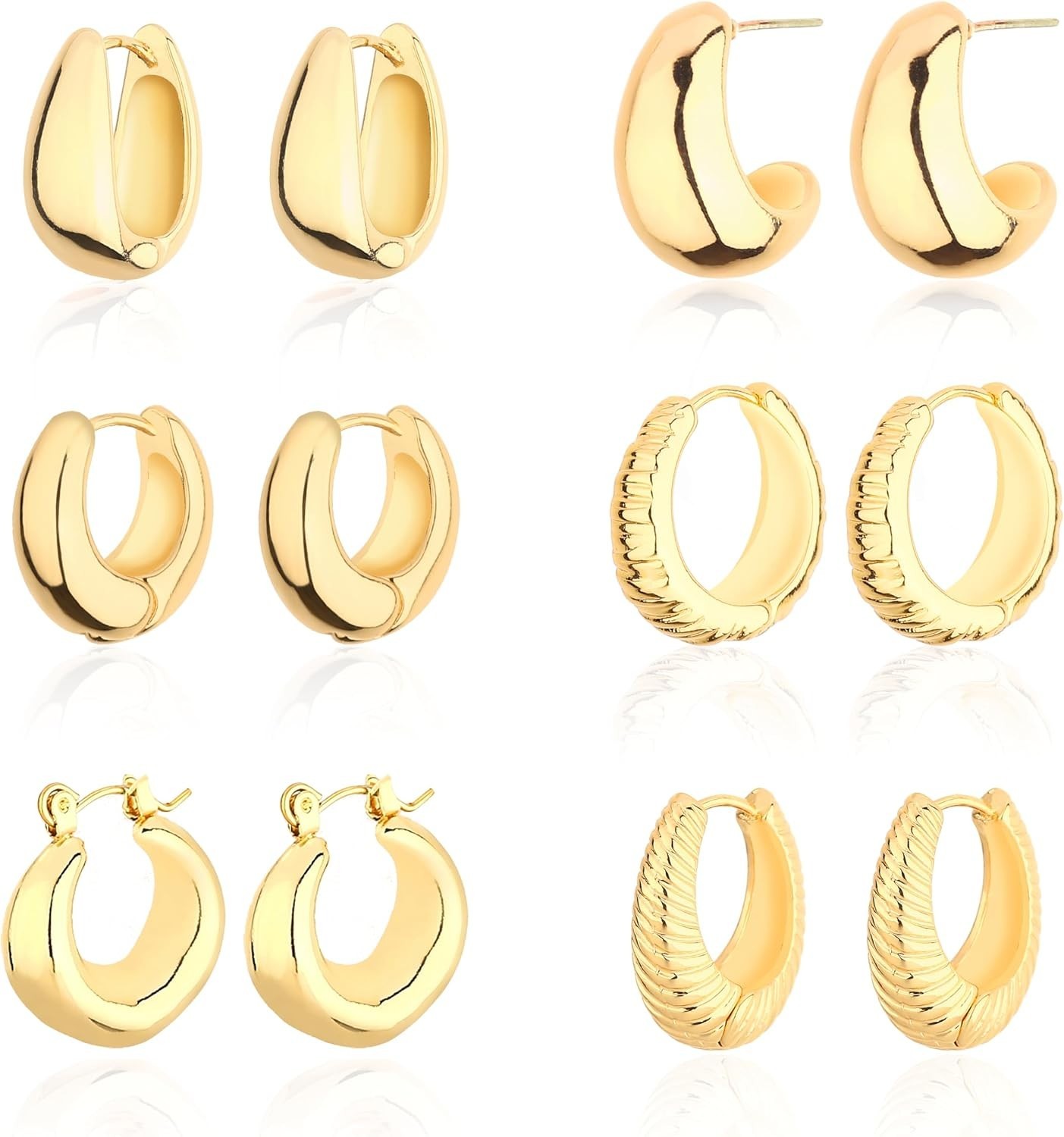 6 Pairs Women’s Gold Hoop Earrings Set – Gift Box Included