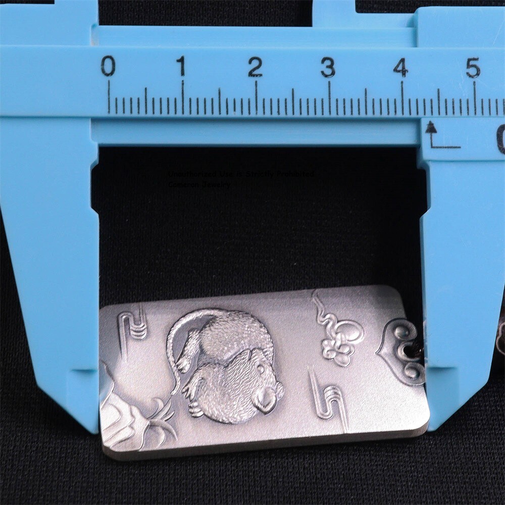 Pure S999 Fine Silver 999 Men Women Zodiac Mouse Oblong Pendant 29-30g 44*27mm
