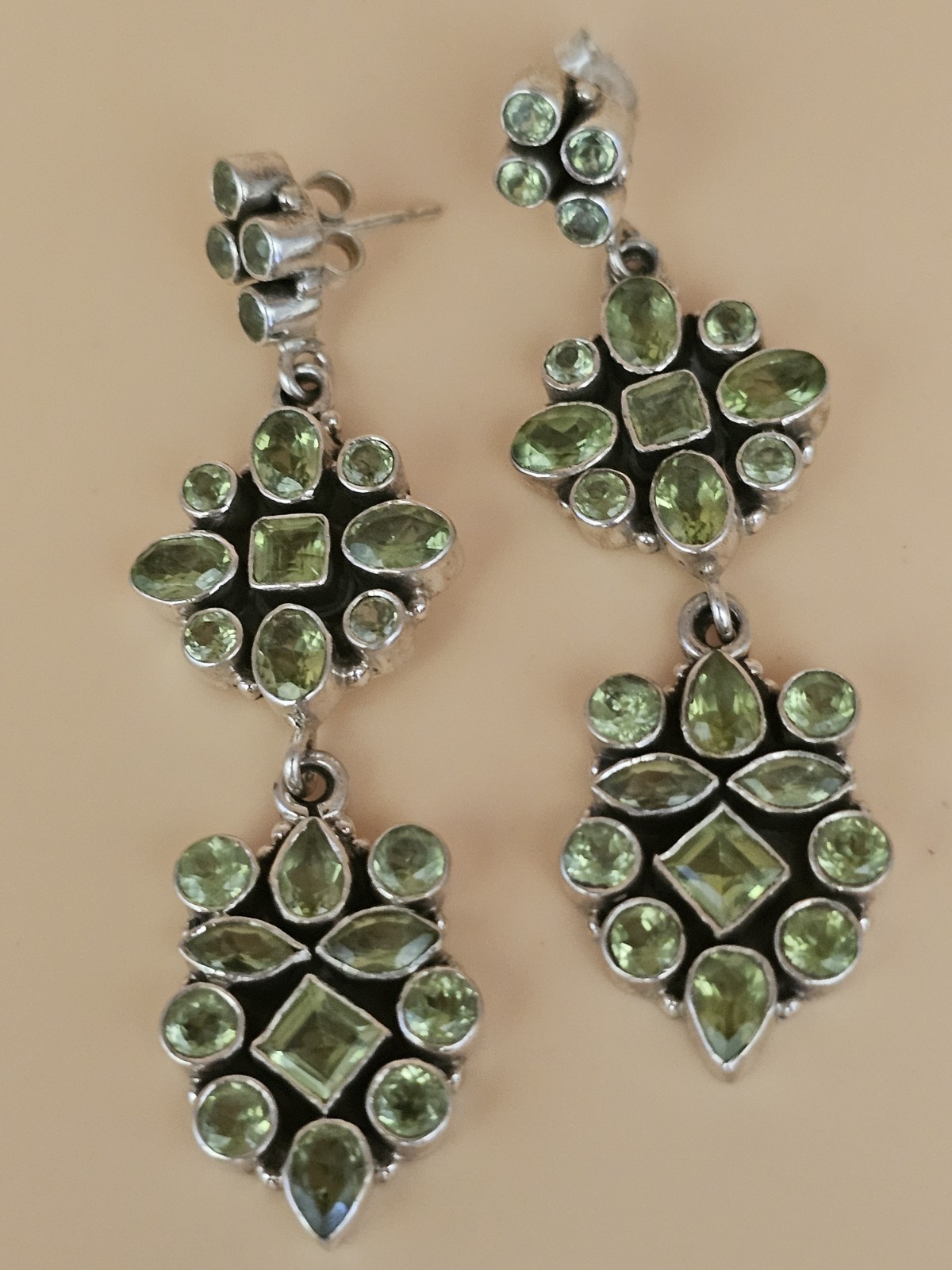 Vintage Sterling Silver Peridot Dangle Earrings 2.75″ Artisan Statement Drop 925