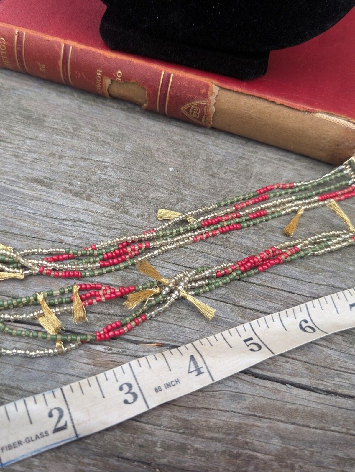 Multi-Strand Red Green Gold Beaded Tassel Necklace