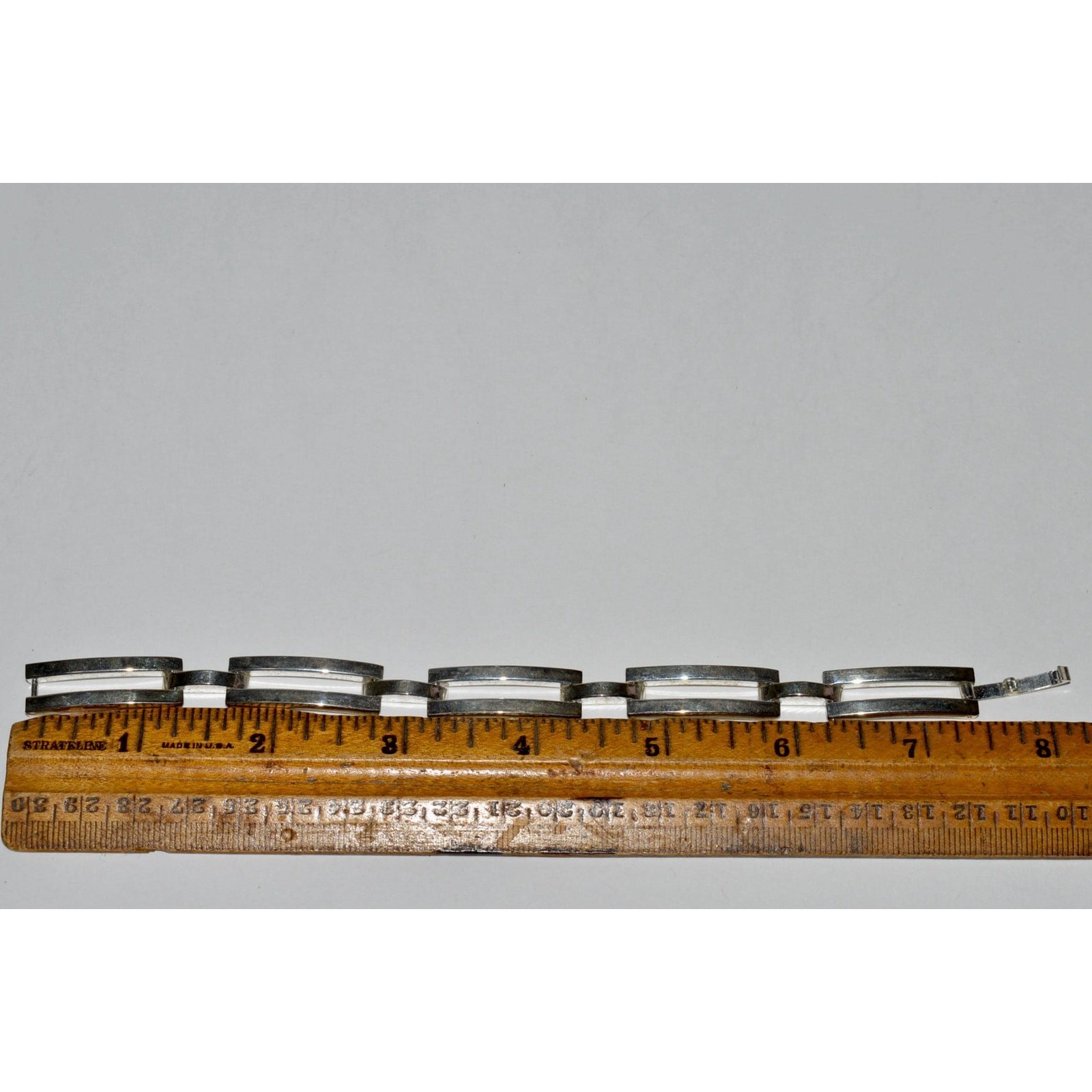 Sterling Silver Link Bracelet, Modernist 5 Link Bracelet Hidden Fold Over Clasp
