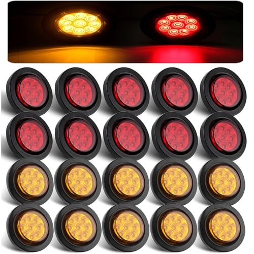 Konrali 2″ Round LED Marker Lights 9 LEDs w/Reflectors, 10 Amber & 10 Red