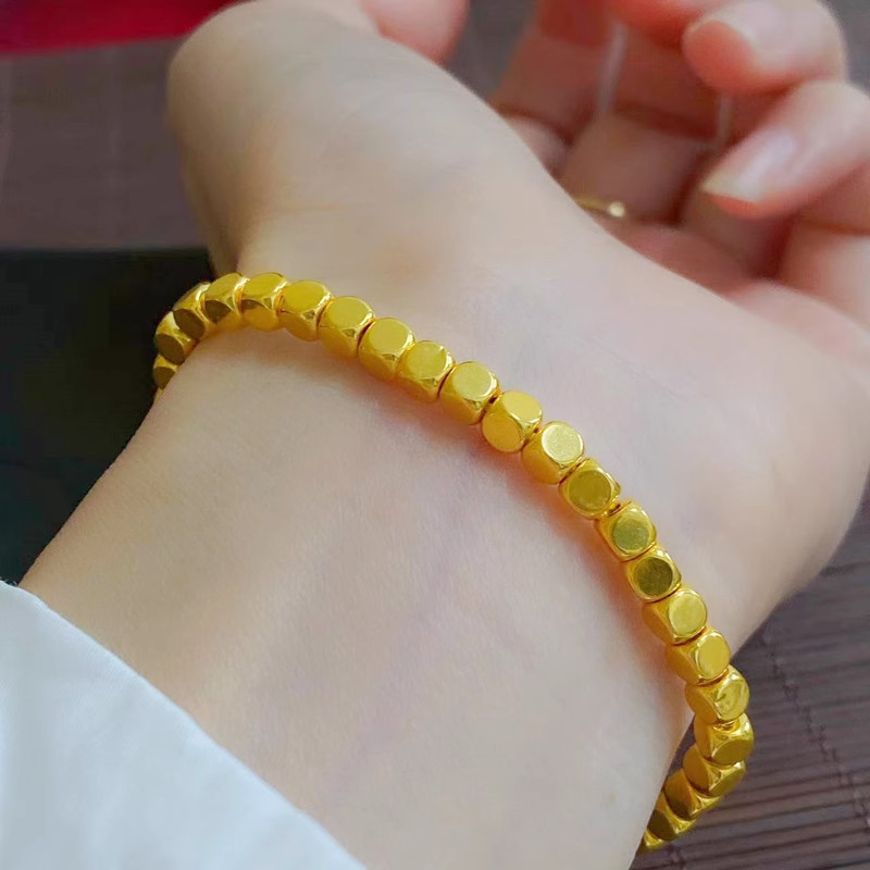 Pure 999 24K Yellow Gold Men Women Lucky 3D 4mm Square Beads Bracelet
