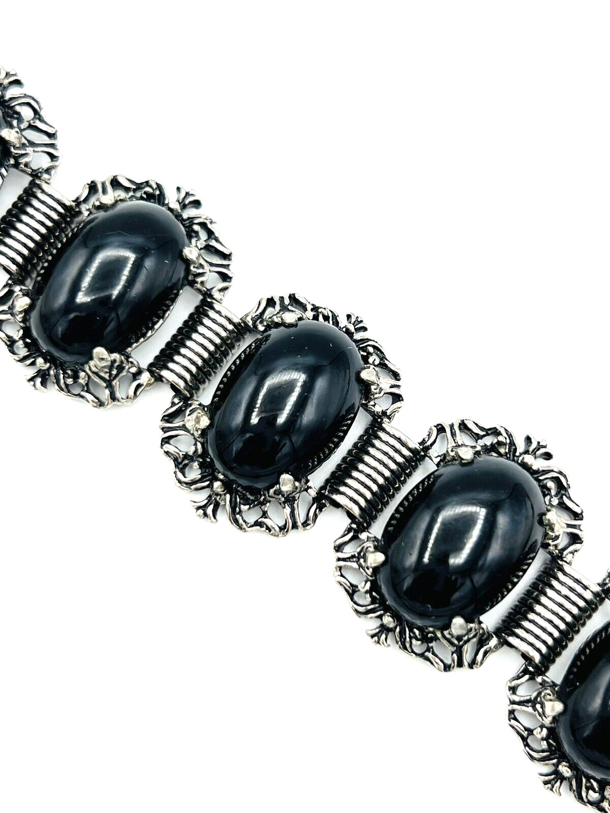 Vintage Silver Tone Black Cabochon Bracelet Clip On Earrings Set