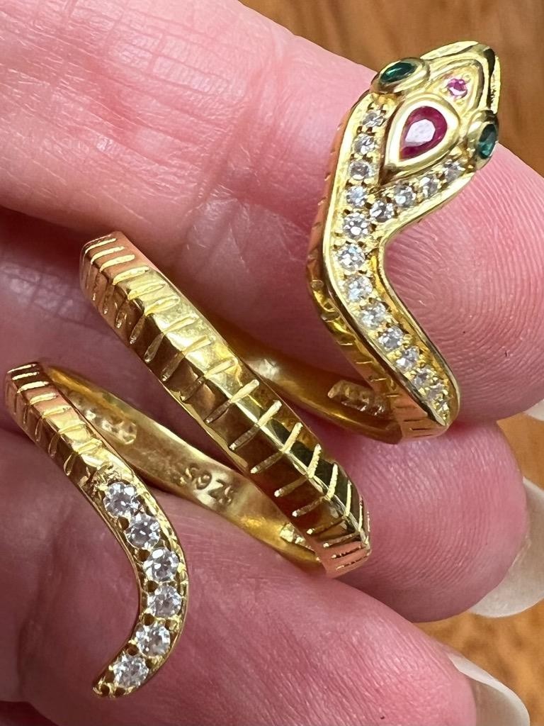 REAL Ruby Emerald Diamond Snake Ring 14K Y Gold on 925 wrap coiled Egyptian Rev