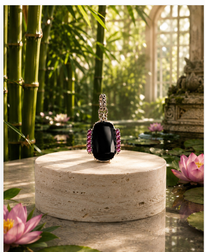 Barbara Bixby Black Onyx Cushion Cabochon Rhodolite Garnet Enhancer 925 18K NIB