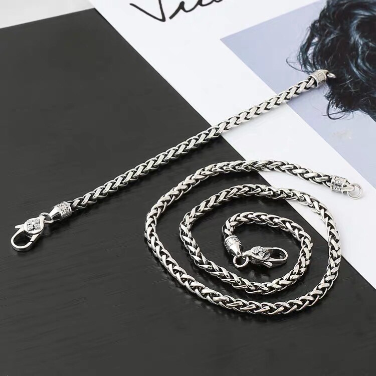 Real 925 Sterling Silver 5mm Wheat Link Chain Bracelet Necklace Jewelry Set