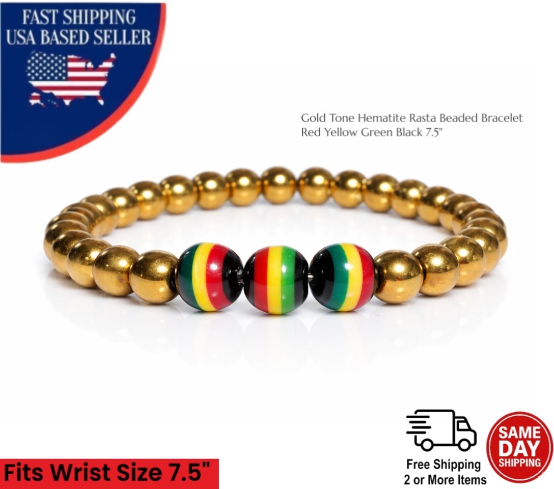 Gold Tone Hematite Rasta Beaded Bracelet Red Yellow Green Black Protection 7.5″
