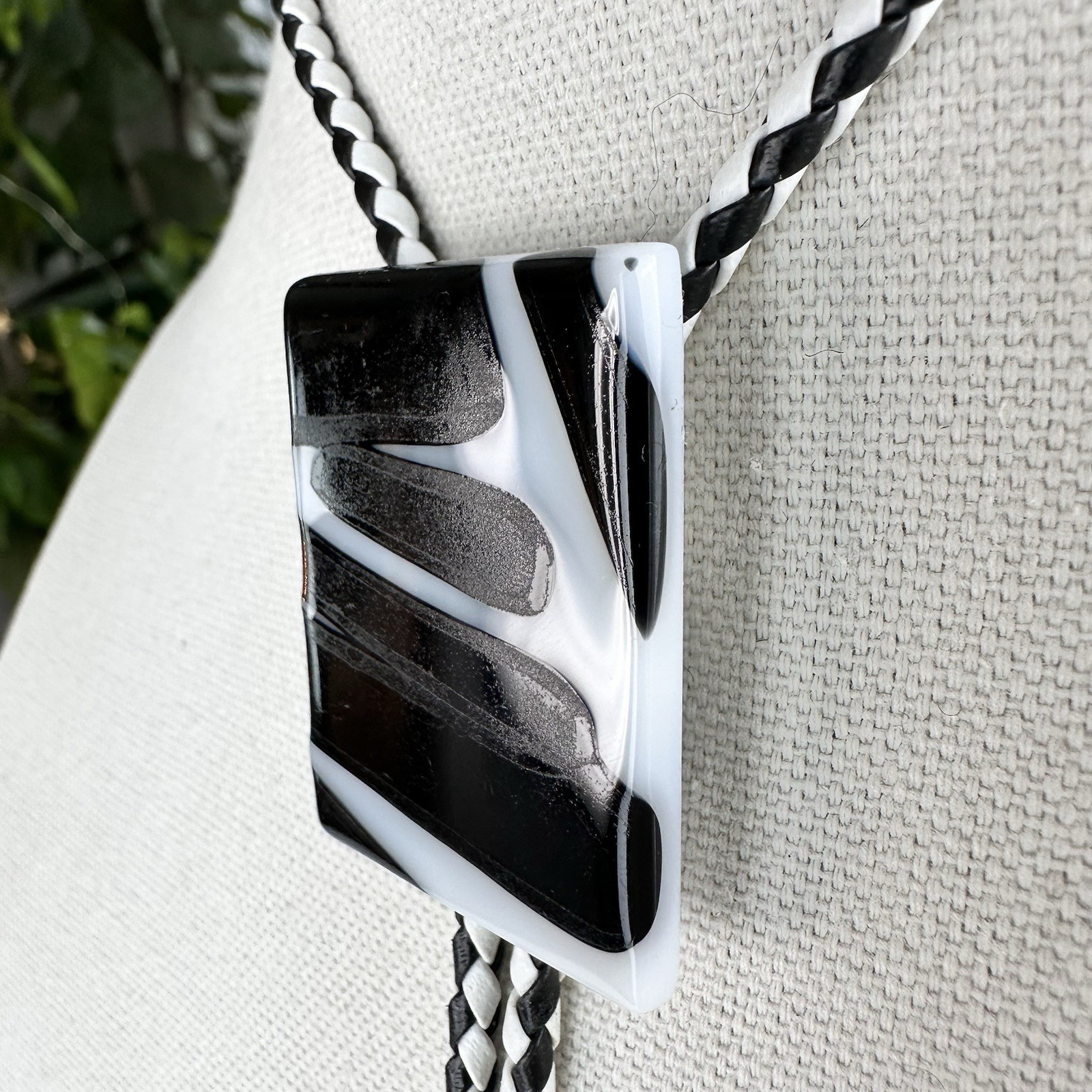 Stunning Vintage Black & White Artist Signed Fused Glass Western Bolo Tie