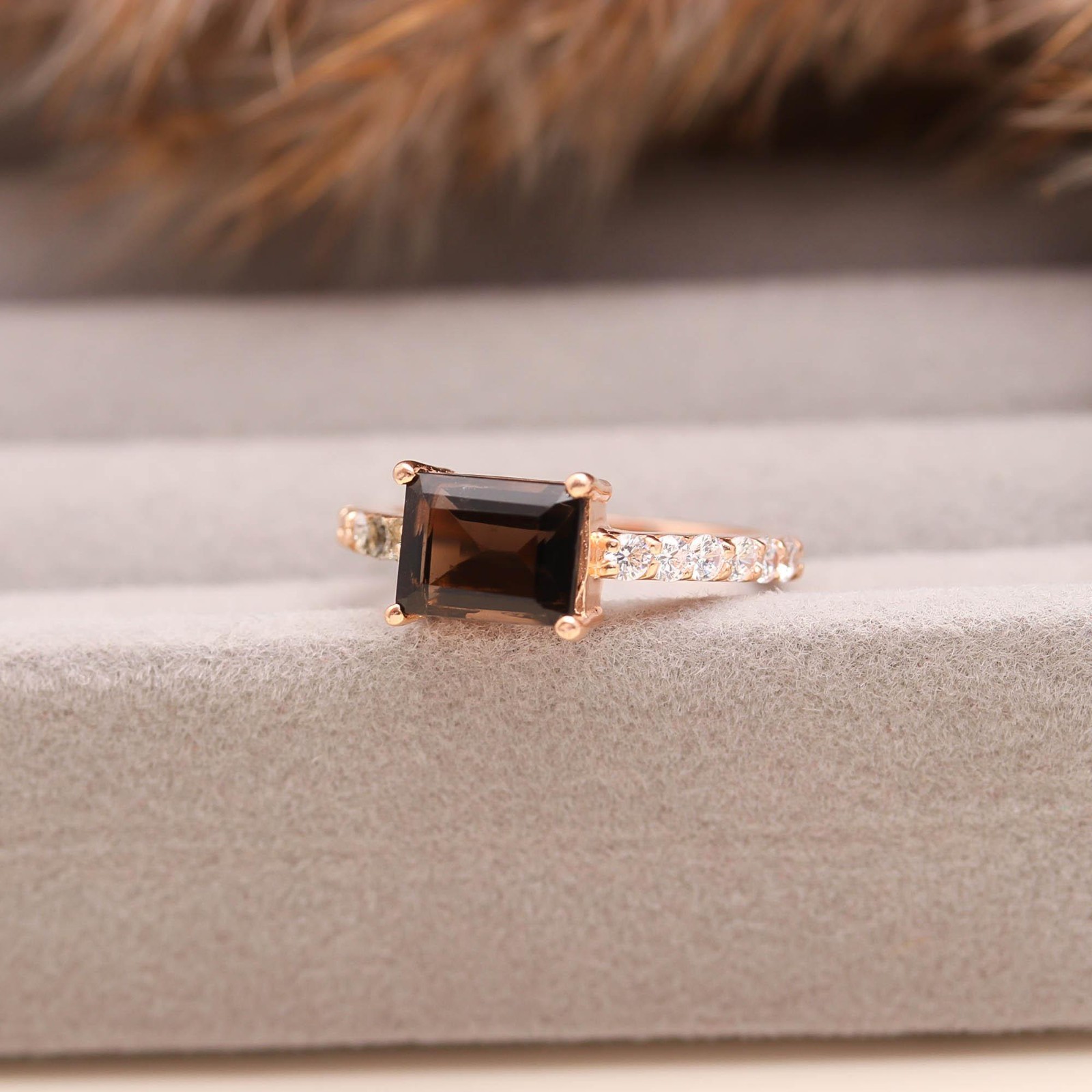 Natural Smoky Quartz Octagon Ring Rose Gold Fill Solid Silver Minimalist Jewelry