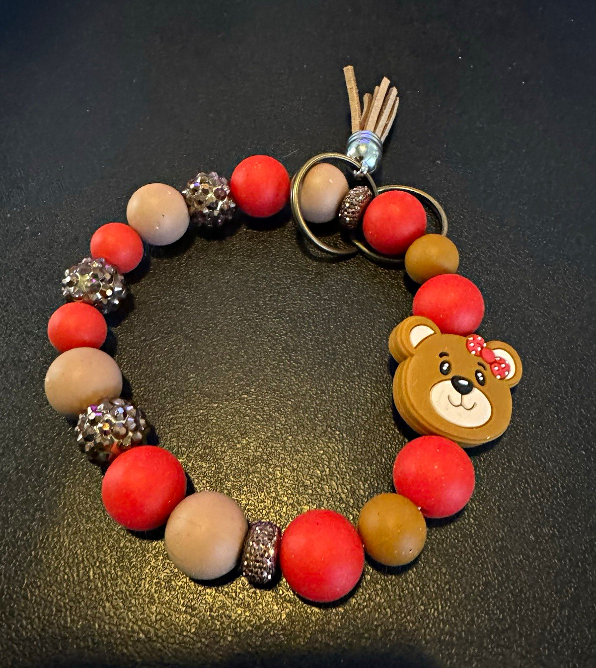 Handmade Keychain Teddy Bear – Red Beige Brown w/Tassel