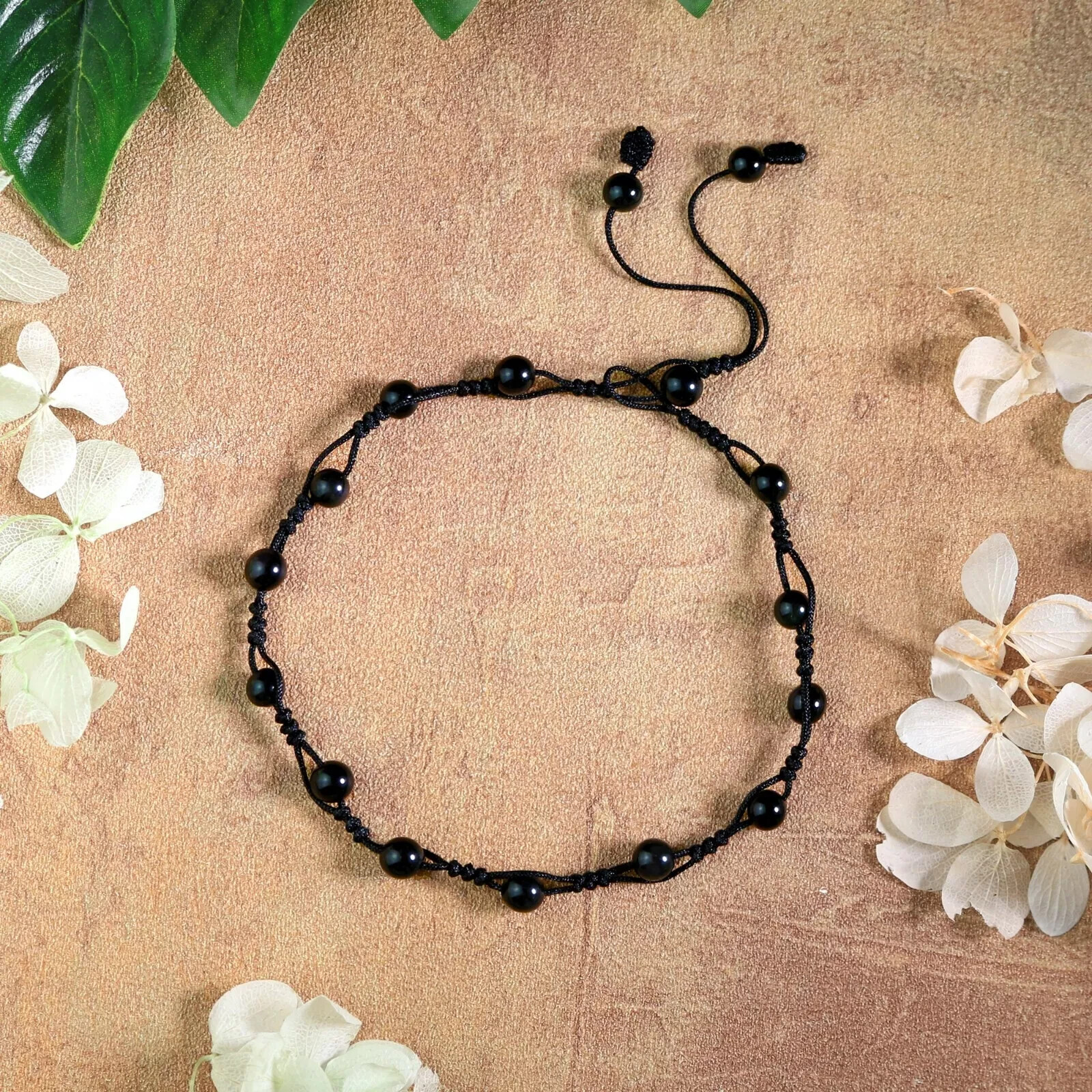 Obsidian Stone Anklet Bracelet Natural Black Gemstone Crystal Braided Anklet