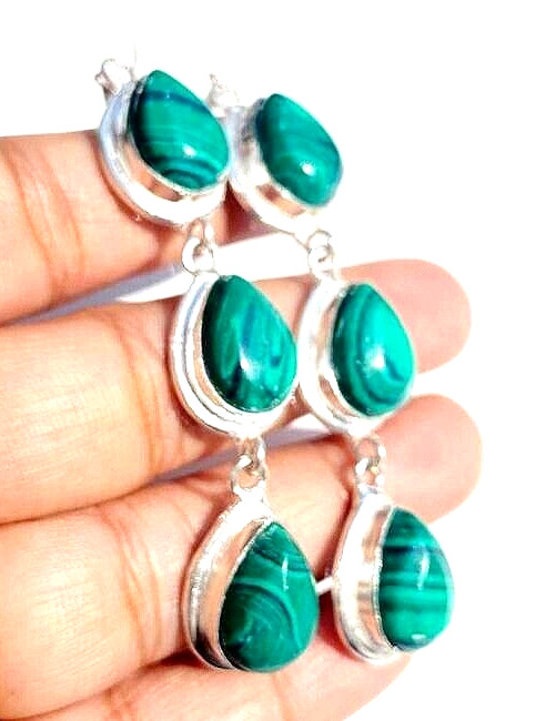 Natural Malachite Gemstone 925 Sterling Silver Handmade Jewelry Earrings 2.10″