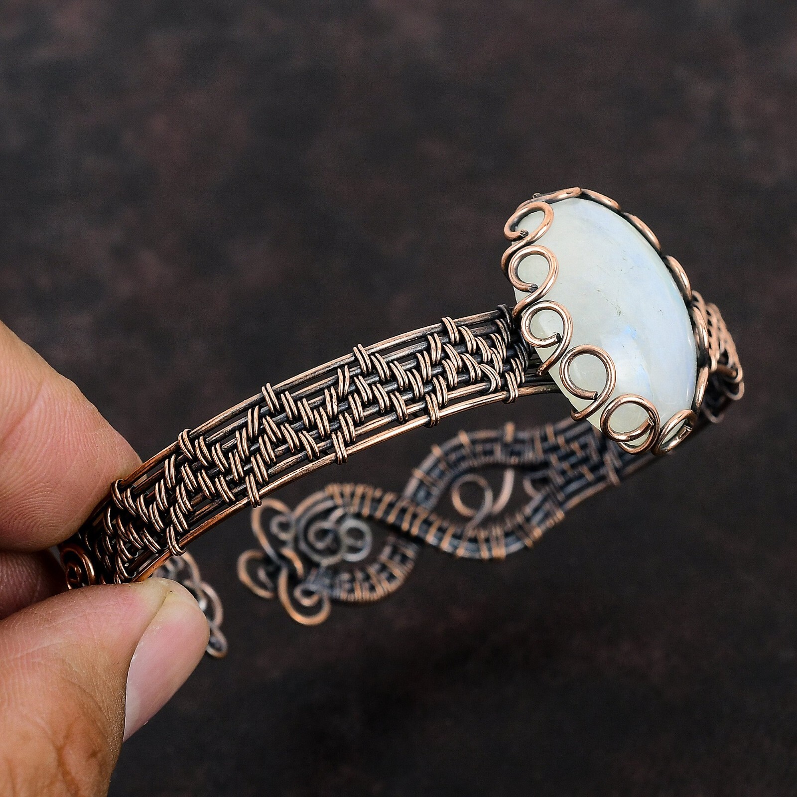 Rainbow Moonstone Wire Wrapped Adjustable Bangle Handcrafted Copper Gift