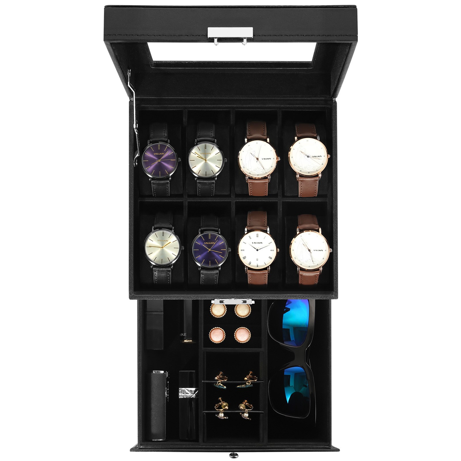 8 Slot PU Leather Watch Box Lockable Glass Top Display Case Jewelry Storage