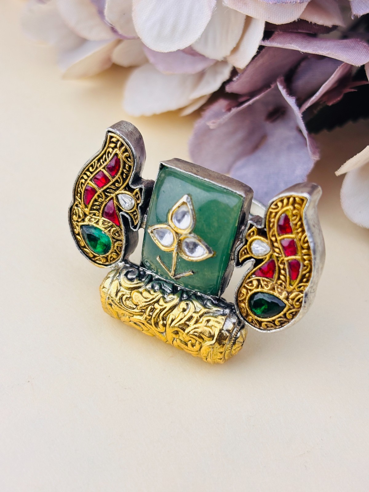 925 Silver Adjustable Paisley Ring Green Red CZ Two-Tone Statement For Women