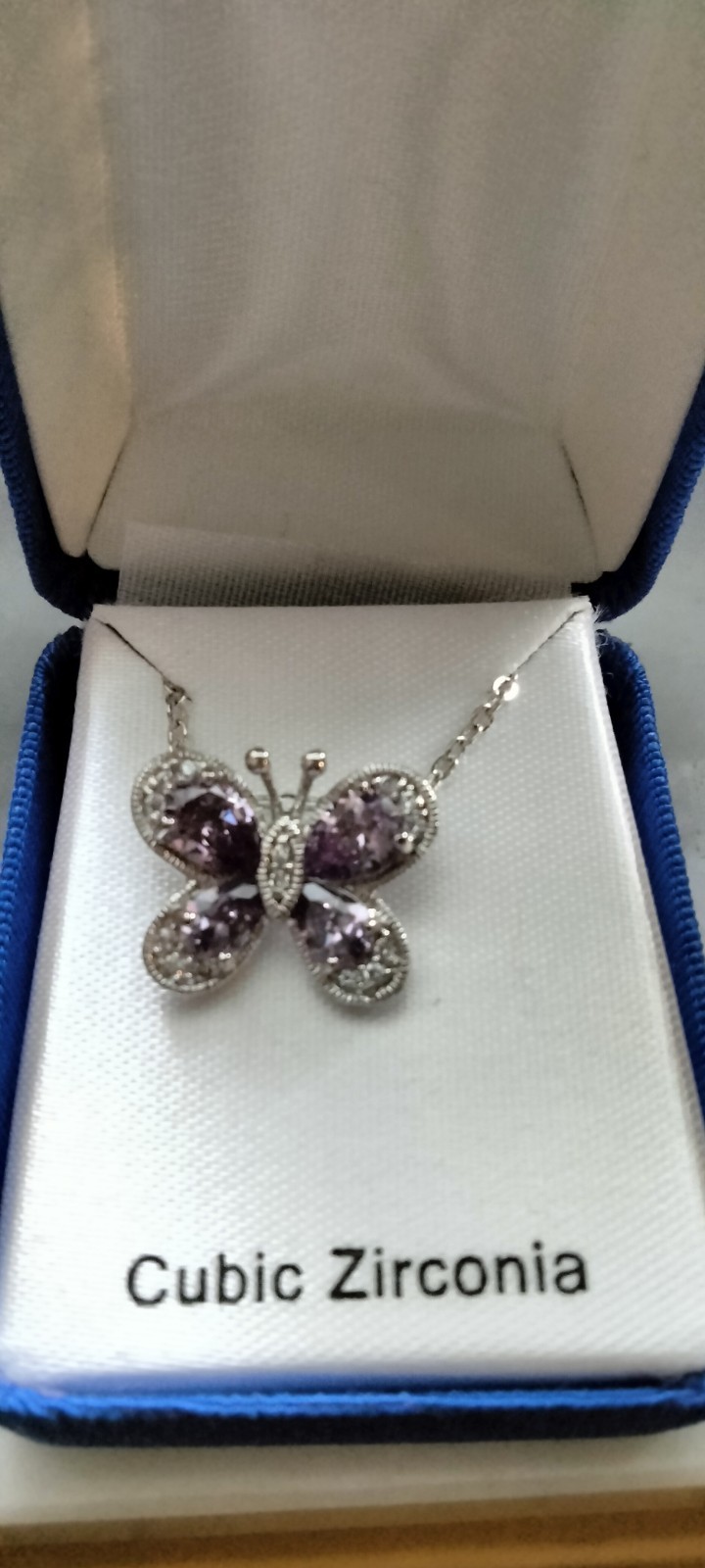 Silver Tone Purple Cubic Zirconia Butterfly Pendant Necklace, Pavé Crystal