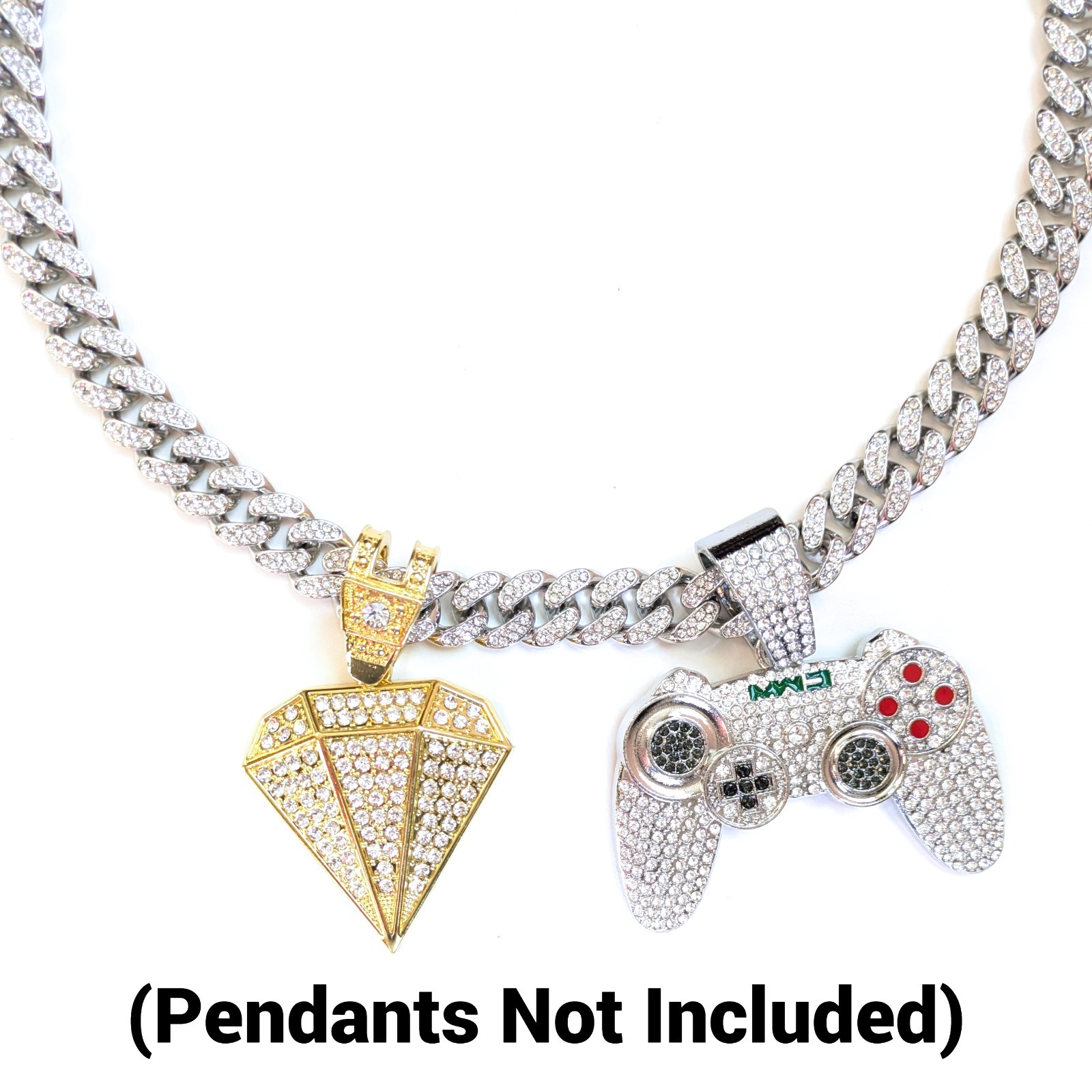 Silver Iced-Out Straight Cuban Link Chain Gem Necklace (Choose Your Length)