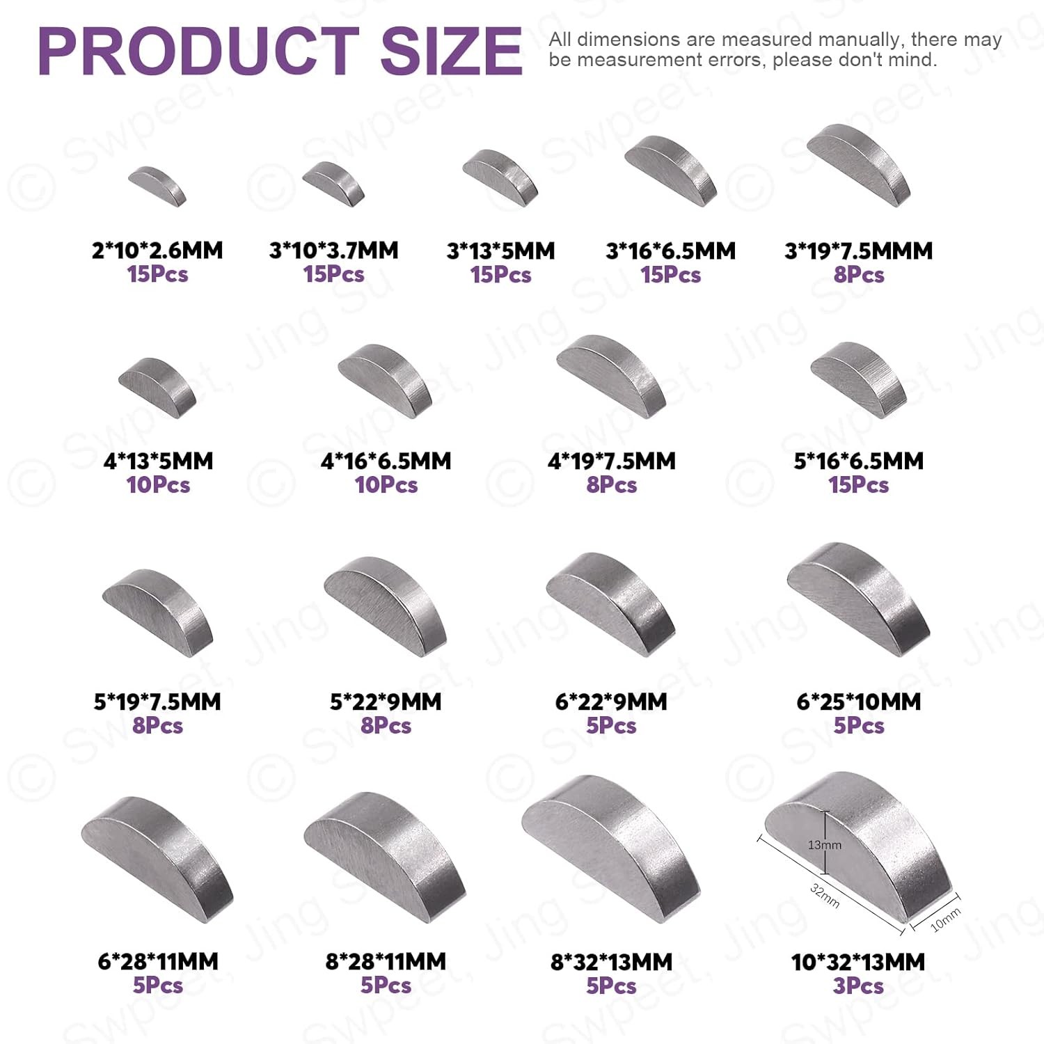 Swpeet 155Pcs 17 Sizes 2mm 3mm 4mm 5mm 6mm 8mm 10mm 12mm Woodruff Keys Half Moon
