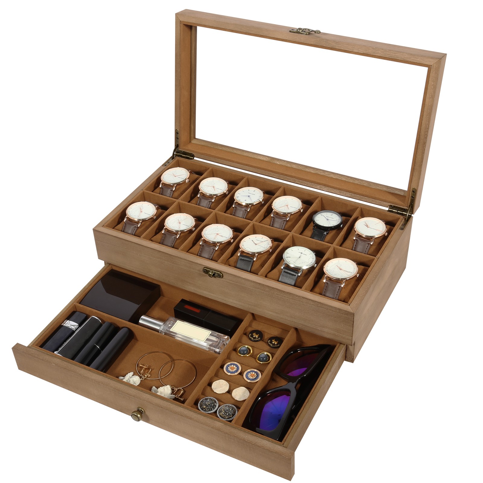 12 Slot Solid Wood Watch Box Clear Glass Top, Men’s Jewelry Display Storage Case