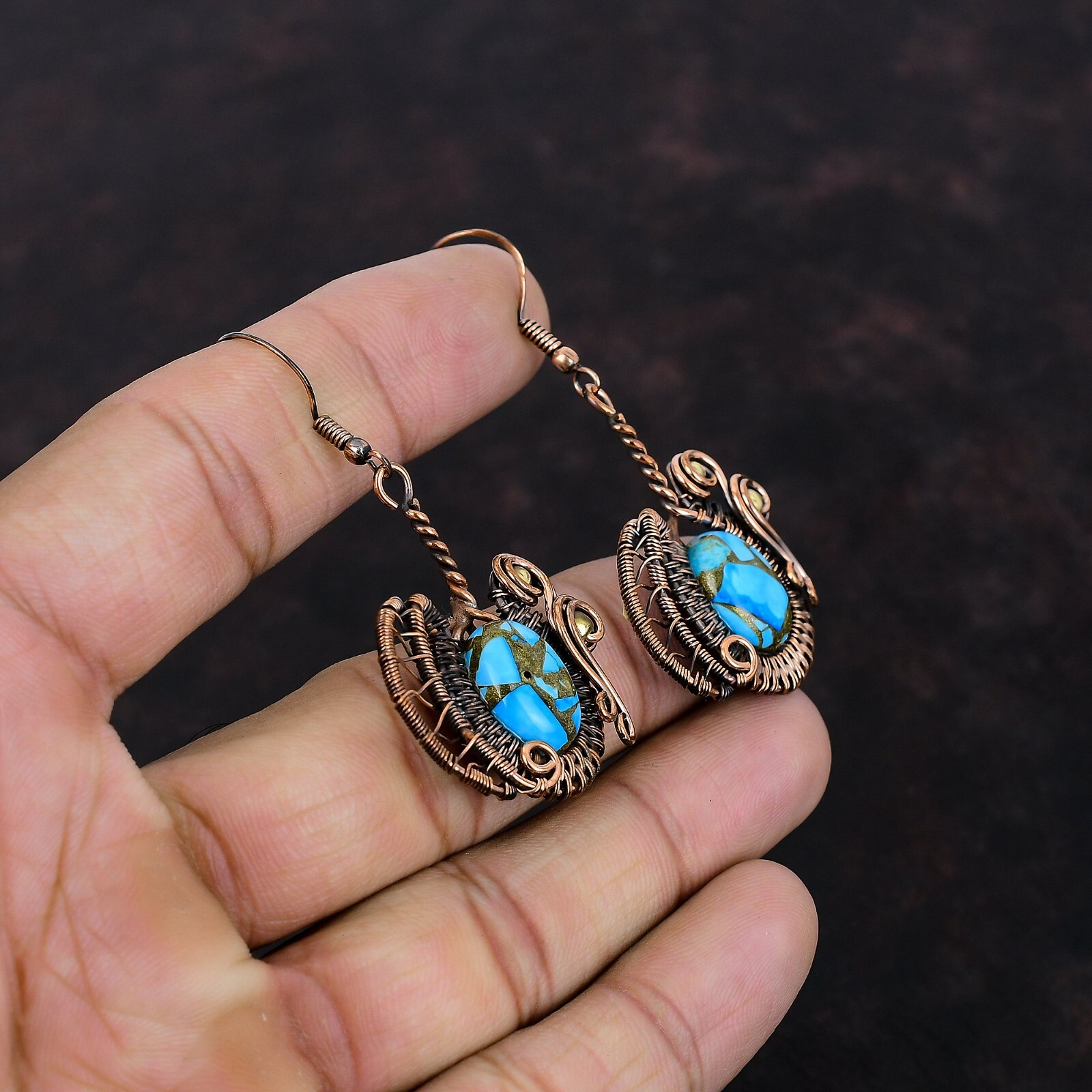Blue Turquoise Copper Gift For Love Wire Wrapped Drop/Dangle Earrings 2.32″