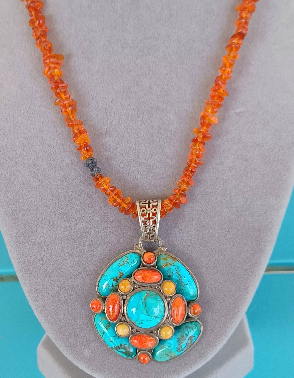 Vtg Barse Sterling Silver Turquoise Pendant Amber Bead Necklace