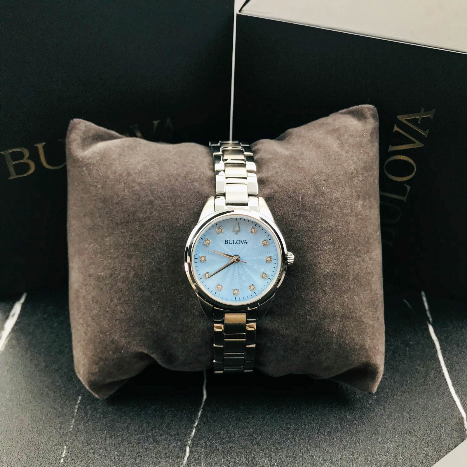 Bulova Classic Sutton 96P250 Blue Dial 28MM Quartz Ladies Watch with 11 Diamonds