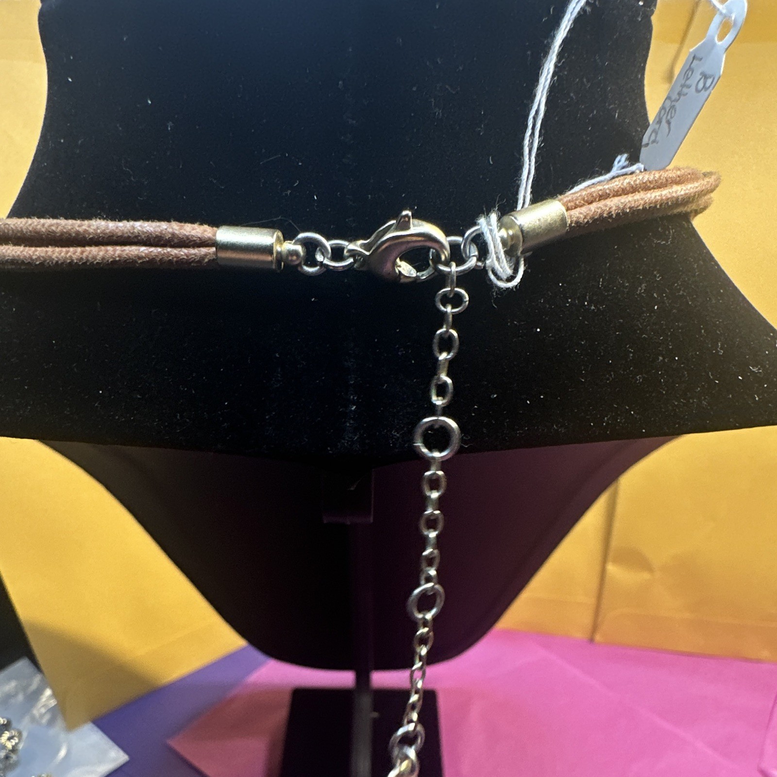 Alfani Silver Tone Double Ring Pendant Brown Faux Leather Cord, Adjustable
