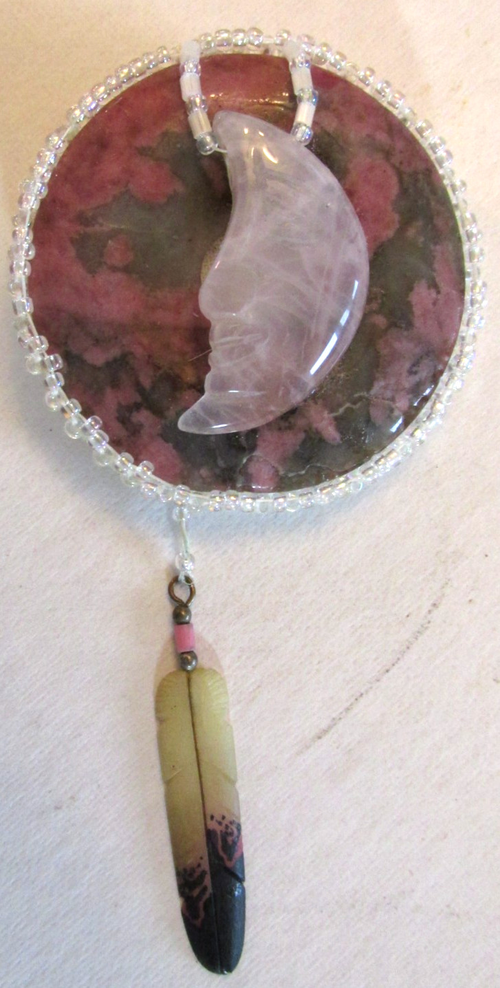 VTG Handcrafted 4″ Brooch Round Stone Pendant Crescent Moon Feather Shaped Charm