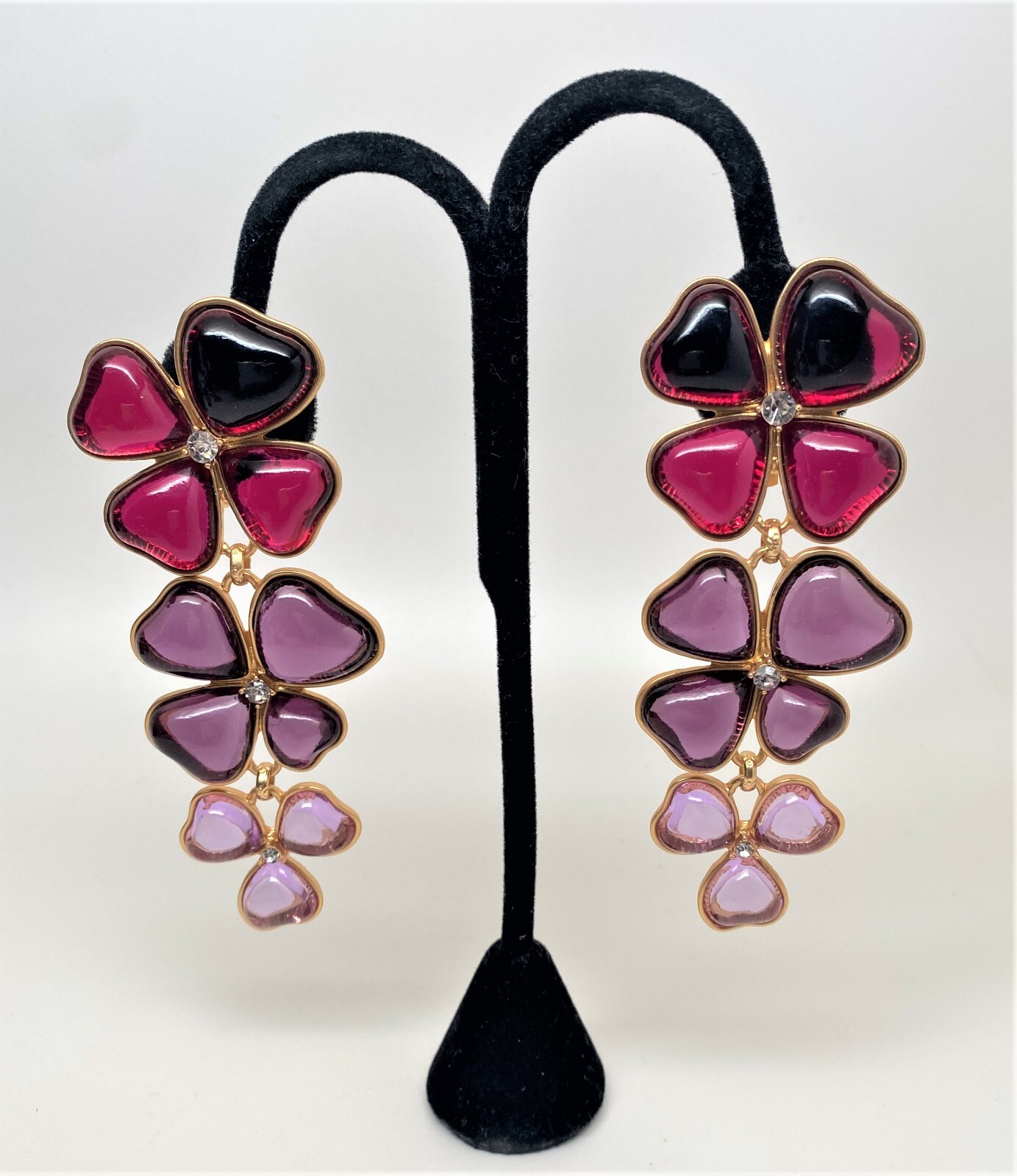 Vibrant Red, Purple & Pink Glass Cabochon Gold Plated Clip on Long Earrings