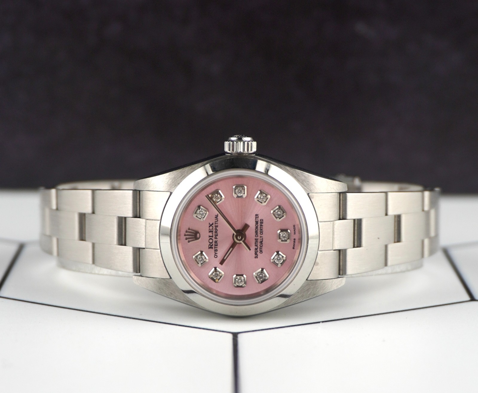 Rolex Oyster Perpetual 25mm Steel Pink Diamond Dial Smooth Oyster Ladies Watch