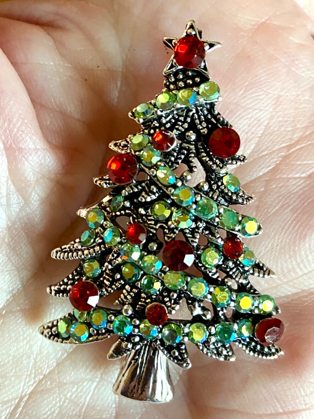 Green AB Rhinestone Christmas Tree Brooch 1.8X1.2 inches