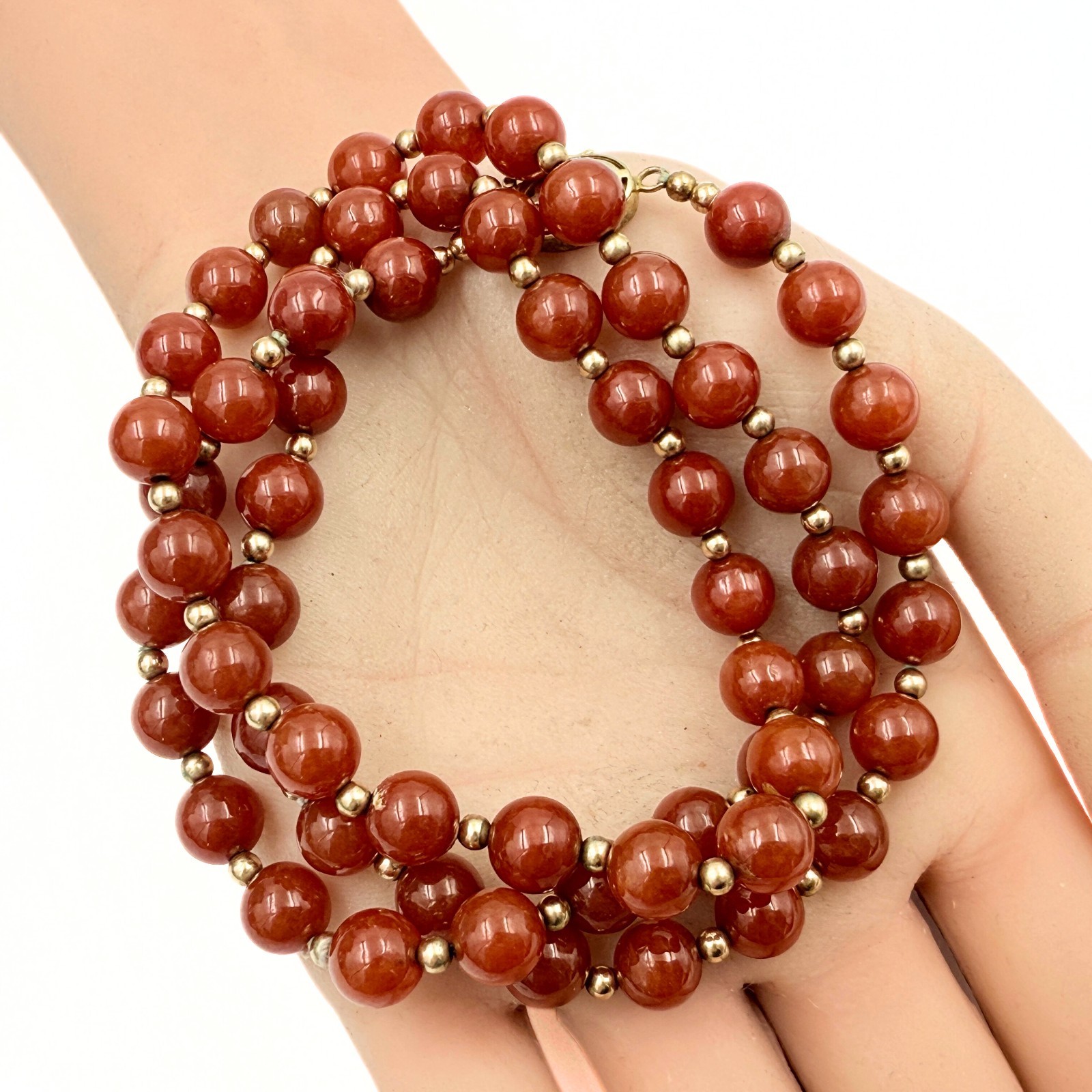 Vintage Chinese Export Marked Sterling Silver Vermeil Dark Orange Jadeite Beaded