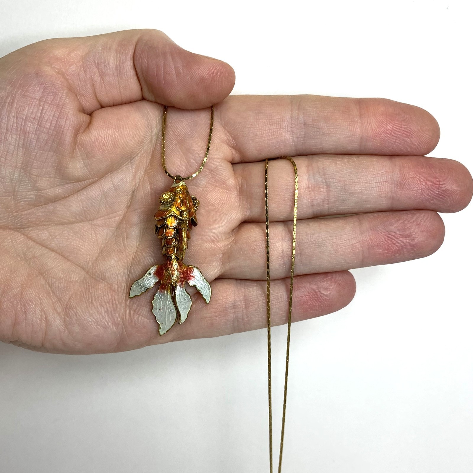 Vintage Articulated Koi Fish Pendant Necklace Cloisonne Enamel Gold Tone 23.5”
