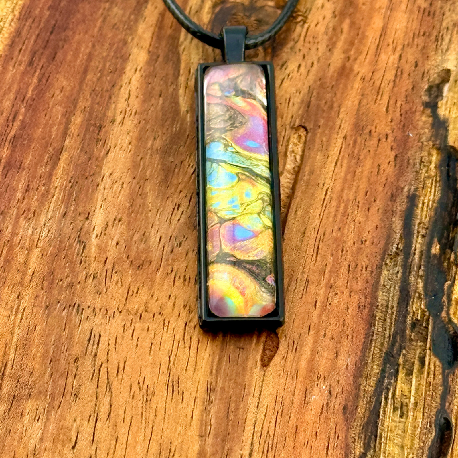 Pendant Necklace Handmade “Sixties Trip” Black Bezel Black Cord