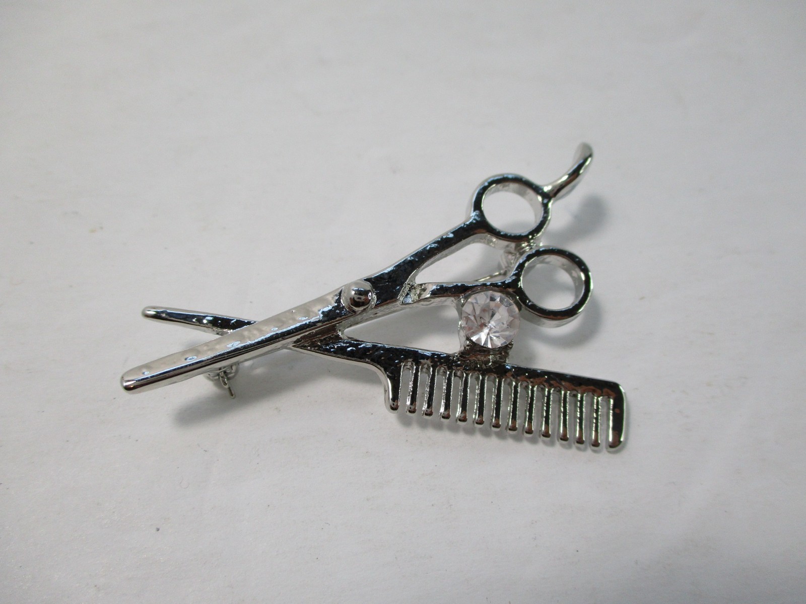 Hair Stylist Beauty School Scissors Comb Silver Alloy Crystal Pin Brooch Jewelry