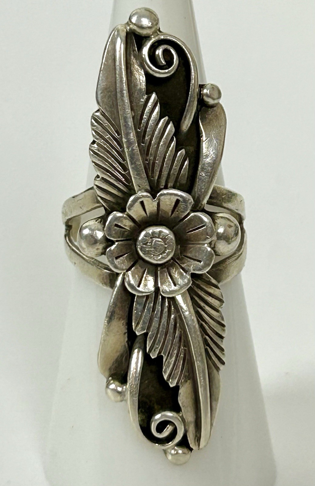 Native American AJ Platero Sterling Silver Flower Statement Ring Size 7
