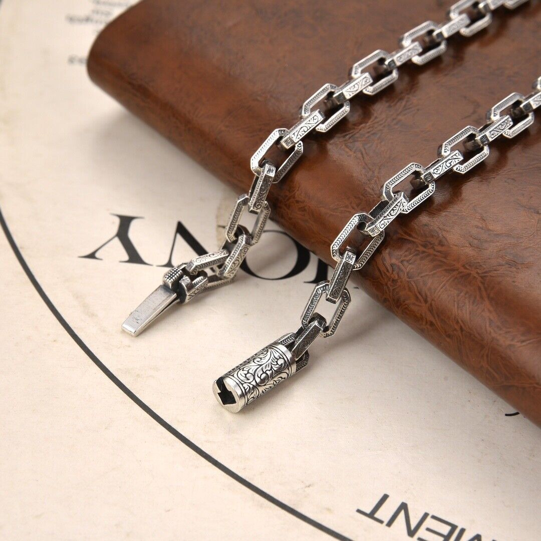 6MM 20-26″ Real 925 Sterling Silver Box Rectangle Link Necklace for Men Jewelry