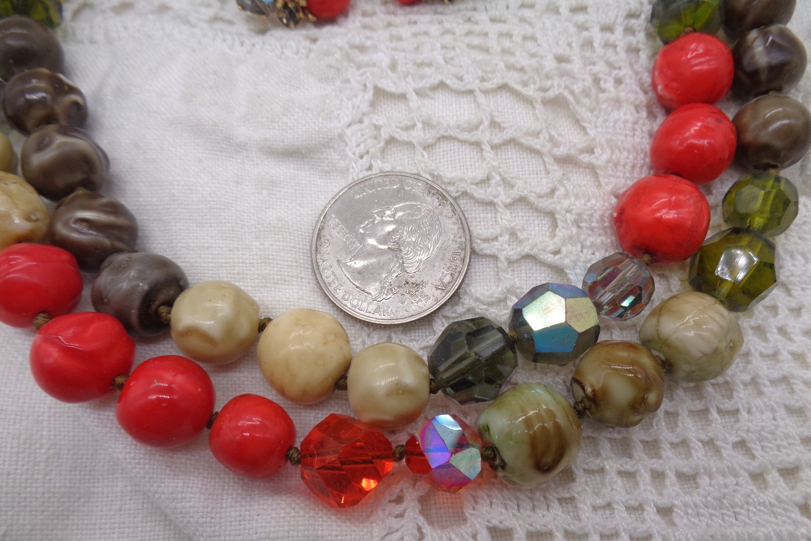 Vintage Signed VOGUE Orange Brown Green BEAD NECKLACE & EARRINGS SET