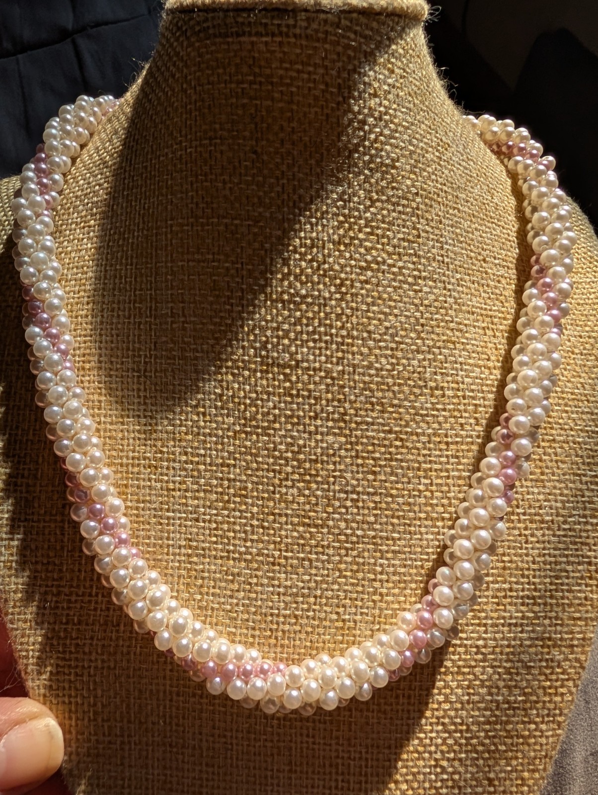 Vtg 50s Signed Japan Faux Pearl Torsade Strand Braided Blush Pink White Collar